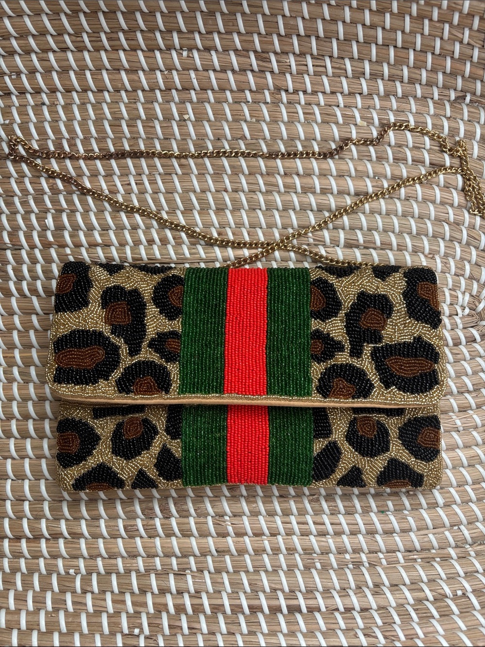 Beaded Leopard Print Foldover Clutch with Green & Red Stripe